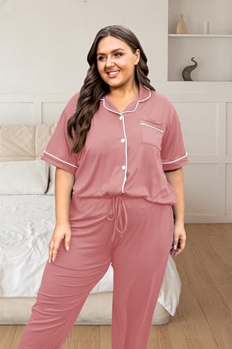 Image of Vozanet Women's Plus Size Pajamas Button Down Shirt and Pants Soft Lounge Sets Bride Nighty Bottom with Pockets 1x to 5x