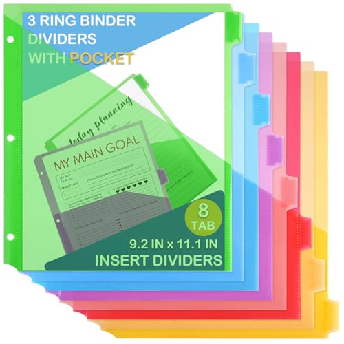 COIDEA 3 Ring Binder Dividers with Pockets, 8 Tab Plastic Dividers for 3 Ring Binders, Heavy Duty Binder Dividers with Blank Write Tabs for School Office Document Indexing and Protection, Multicolor