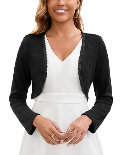 Toreritas Mujer Hueco Chaqueta Bolero Cárdigan Corto Torera Través Capa Manga Larga para Boda Corta Crochet Fiesta Elegante Negro M
