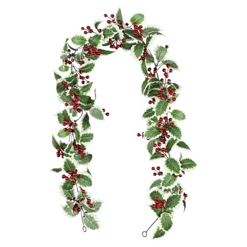 6.56Ft Christmas Garland Holly Red Berries with Green Leaves, Artificial Holly Berries Winter Garland, Hanging Vine for Xmas Tree Ornaments, Wreath Making Supplies, DIY Crafts, Wedding Home Decoration