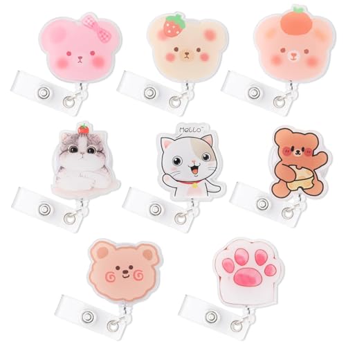 8 Pcs Retractable Badge Reel Holder, Cute Cartoon Animal Designs ID Holder with Clip, Fun Bear, Cat, Bear Paw Badge Reels for Nurses, Doctors, Teachers, Office & Hospital Staff, Nursing Students