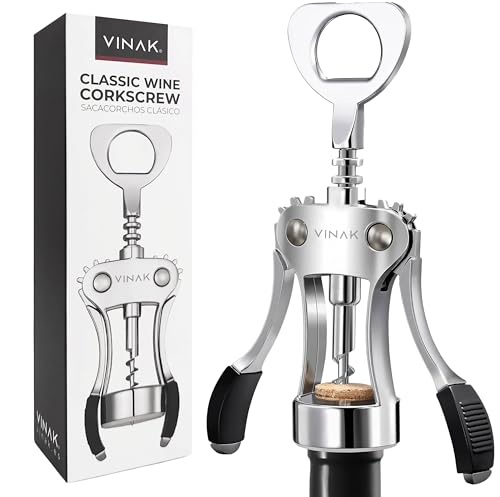 VINAK - Sacacorchos clásico de alas | Abridor de vino fácil de utilizar con abrebotellas de cerveza | Diseño ergonómico y resistente fabricado en acero cromado | Empuñaduras de goma y espiral torneada
