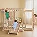 OLAKIDS Indoor Jungle Gym, 9 in 1 Wooden Montessori Baby Climbing Toys with Adjustable 2 Swings Ramp, Monkey Bar Basketball Hoop Ladder Climb Net (Natural)