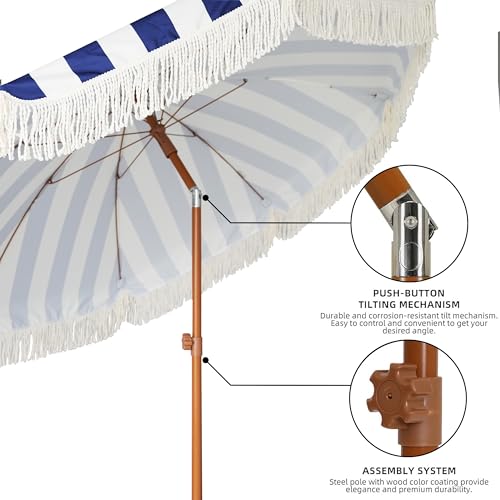 Image of AMMSUN 7ft Patio Umbrella with Fringe Outdoor Tassel Umbrella UPF50+ Wood Color Steel Pole and Steel Ribs Push Button Tilt, Navy Stripe