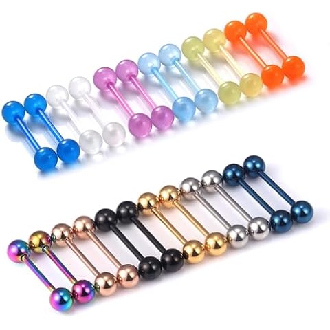 Oufksiyy Tongue Rings Nipple Piercing Jewlery Surgical Steel Plastic Glow in The Dark 16mm 14G Tongue Piercing Jewelry for Women Men Tongue Jewelry Nipple Jewelry 14 Gauge Nipple Barbell 12 Pair Cover