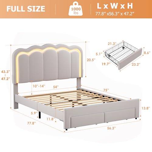 Full Upholstered LED Bed Frame with 2 Storage Drawers and Adjustable Chic Double Wavy Headboard, Velvet Prince Platform Bed with Charing Station, Solid Wood Slats Support,No Box Spring Needed,Grey