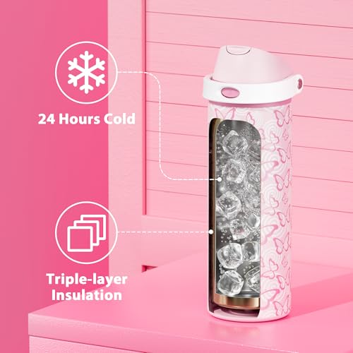 Image of 24 oz Insulated Water Bottle with Straw: Meoky Stainless Steel Metal Water Bottle with 2-in-1 Lid - Leak Proof, Cold for 24 Hours, Protective Silicone Base, BPA-Free for Sports Travel Car, Butterfly