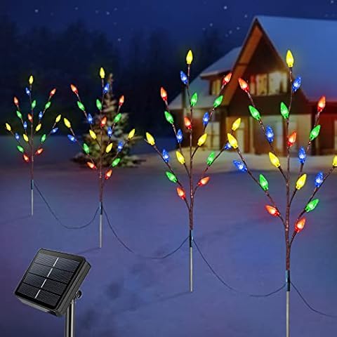 Homeleo Set of 4 Solar Christmas pathway Lights, Outdoor Waterproof Christmas Tree Lights, 80pcs Multicolour C6 LED Small Christmas Stake Lights for Walkway, Porch, Yard, Outside Christmas Decorations Cover