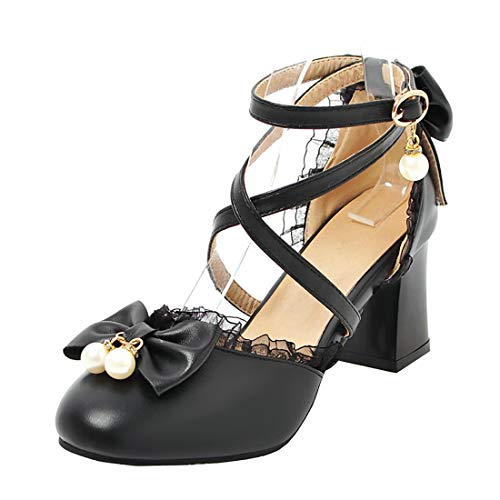 LUXMAX Womens Bow Pumps Cross Strap Block Heel Cute Cosplay Shoes2