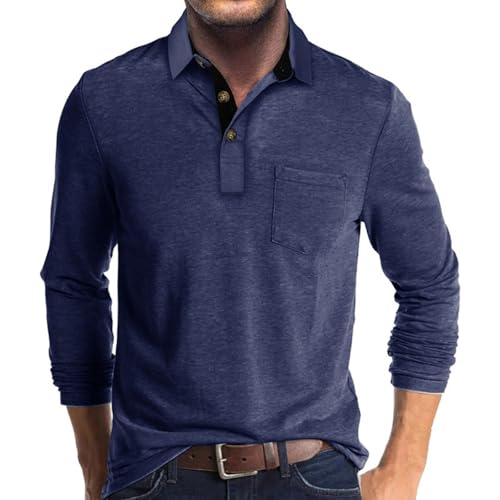 Men's Long Sleeve Polo Shirts Casual Button Classic Work Shirt Cotton Collared Basic Golf Shirt with Pocket Navy
