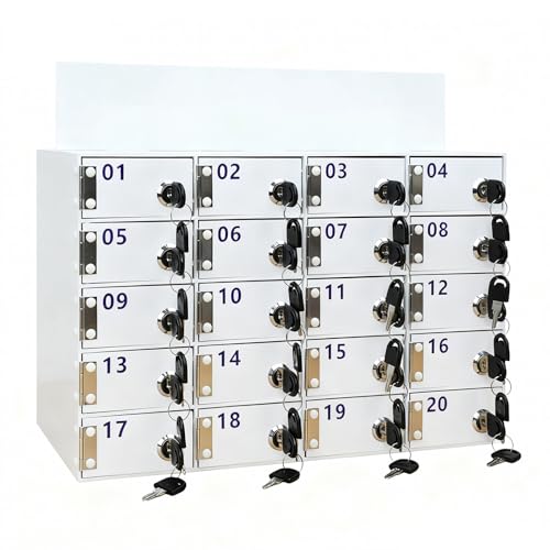 Kensbro Taquilla para Guardar Móviles, 20 Compartimentos Acrílico Caja Almacenamiento Personal, Caja Móviles con Cerradura Llave, Armario de Pared con Ranura Tarjetas, para Aulas y la Fábrica