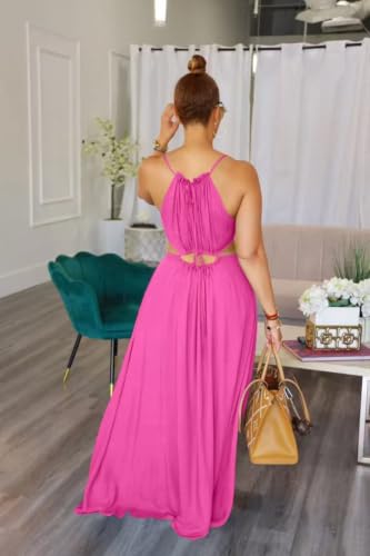 Image of Yeshire Womens Summer Spaghetti Strap Maxi Dress Sleeveless Sexy Cutout Drawstring Boho Beach Vacation Party Dresses