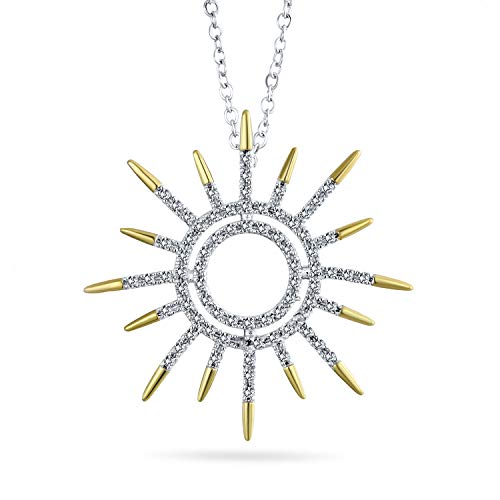 Bling Jewelry Summer Flaming Sunshine Two Tone Micro Pave CZ Starburst Celestial Sunburst Pendant Necklace for Women 14K Gold & Silver Plated Brass