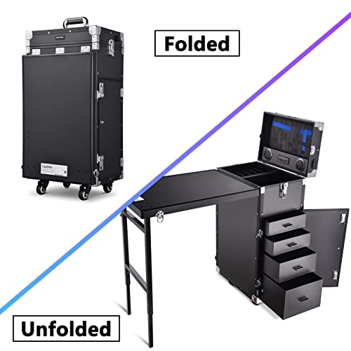 Bei Cheng Rolling Manicure Table Nail Desk Makeup Train Case Travel Cosmetic Trolley Storage Organizer For Technician Workstation Makeup Salon With 4 Drawers Mirror & Speaker Black #TOP3