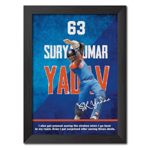 Image of TenorArts Surya Kumar Yadav Poster with Quotes Indian Cricket Player Photo Frame Painting with Matt Finish Black Textures (12 inches x 9inches)