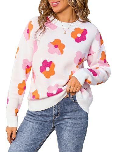 Angashion Women Long Sleeve Sweater - Fall Casual Crewneck Knit Tops Floral Print Cute Loose Pullover Jumper