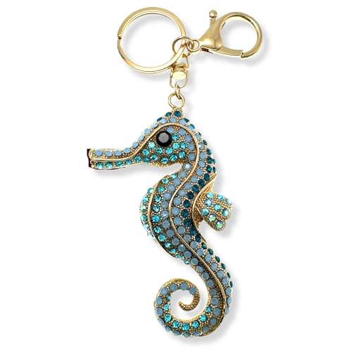 Evenchae Sparkly Blue Rhinestone Seahorse Keychain + Velvet Gift Bag