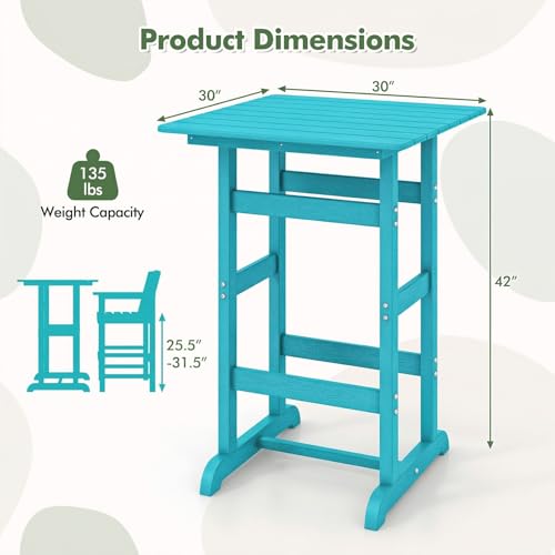 Image of Giantex 42 inch Height Outdoor Tall Bar Table, HDPE Square Pub Table with Wood Grains, Cocktail High Top Tables for Adirondack Chairs, Patio, Bistro, Garden, Poolside, Yard, Balcony, Turquoise