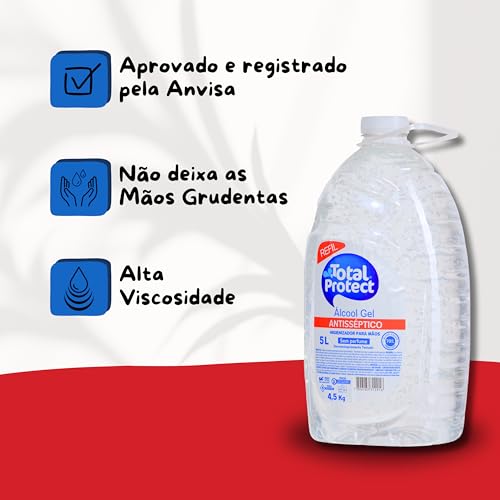Álcool em Gel para as Mãos, Mata 99,9% dos germes e bactérias, Total Protect, 5 Litros, Transparente