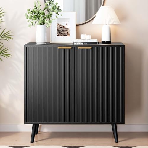 Image of REHOOPEX Fluted Buffet Cabinet Sideboard, Storage Cabinet, Modern Accent Cabinet Console Table for Entryway, Living Room, Black