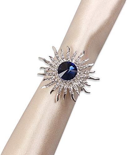 QTKJ Set of 6 Sunflower Napkin Rings Crystal Napkin Buckles Holder for Wedding, Parties, Dinners, Christmas, Holidays Decor (Silver + Blue)