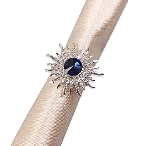 Qtkj Set Of 6 Sunflower Napkin Rings Crystal Napkin Buckles Holder For Wedding, Parties, Dinners, Christmas, Holidays Decor (Silver + Blue) #TOP20