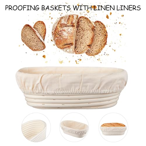Image of Dimpola Banneton Bread Proofing Basket Banneton Basket Set Sourdough Proofing Basket Round Proofing Bowls Handmade Rattan Baskets and Liners (Oval 10 inch set of 2)