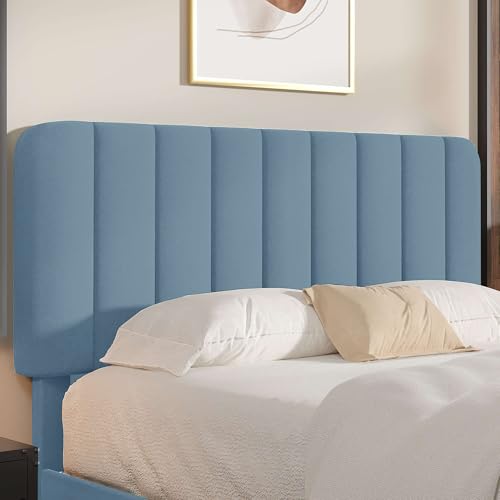 Image of VECELO Queen Size Bed Frame with Upholstered Headboard, Velvet Platform Bedframe Mattress Foundation, Strong Wood Slat Support, No Box Spring Needed,Sky Blue