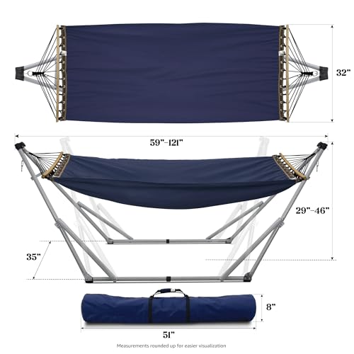 Image of Tranquillo Ultimate Relaxation Portable Hammock Stand, Foldable Hammock Stand with Canvas Hammock, Spreader Bar, Quick Fold Unfold in 30 Seconds Steel Frame Hammock 600 lbs Capacity, White /Navy