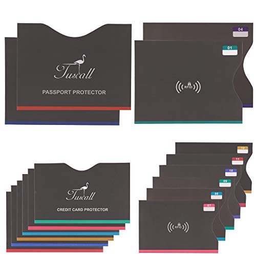 Preisvergleich Produktbild RFID Schutzhüllen Tuscall NFC Schutzhülle für Kreditkarte, Personalausweis, Reisepass, EC Karte - Blocking Schutz für Kreditkarten (12 Hüllen) und Reisepass (4 Hüllen)
