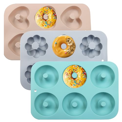 Aoserge Non-Stick Doughnut Pan Set of 3 - Flexible Silica gel Baking Molds for Perfect Donuts, Cakes & Bagels, Dishwasher Safe, Just Pop Out for Easy Release, BPA-Free & Odorless（Multiple styles）