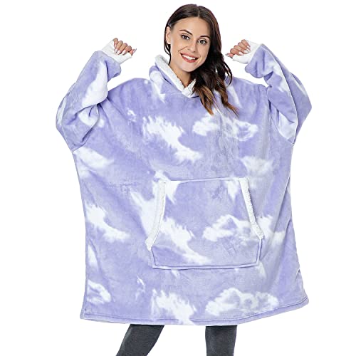 Fantaslook Blanket Hoodie | Flannel & Sherpa Wearable Blanket | Tie Dye Oversized Hoodie Blanket For Women & Men Purple #TOP1