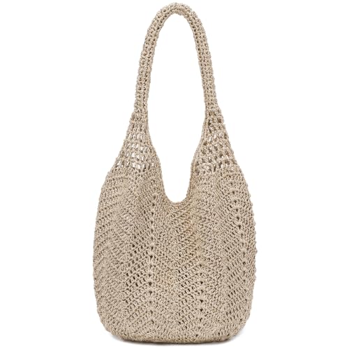 Image of Boho Crochet Shoulder Bag for Women, Colorful Beaded Beach Tote Handbag Lightweight Summer Knit Hobo Purse &Travel Organizer