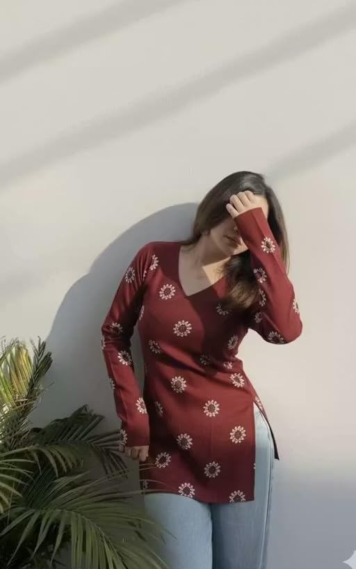 Image of FELISIA Women's Rayon Floral Printed Full Sleeves V-Neck Short Kurti, Bell Sleeves, Short Kurti for Woman, Stylish Ethnic Top, Daily Casual Western & Office wear
