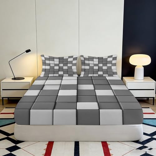 Drap housse mosaïque géométrique en microfibre grise pour matelas 90x200x25cm