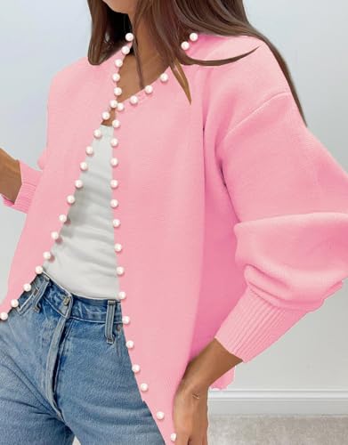 Kedera Pearl Trim Cardigan Spring Pink Sweater for Women Dressy 2025 Open Front Long Sleeve Beading Knit Outwear3