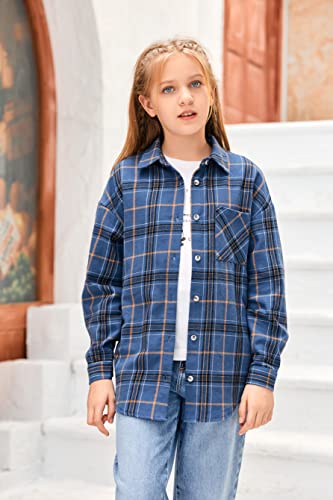 Laicigo Girl's Button Down Plaid Shirts Long Sleeve Lapel Collar Loose Lightweight Jackets With Pocket Navy #TOP5