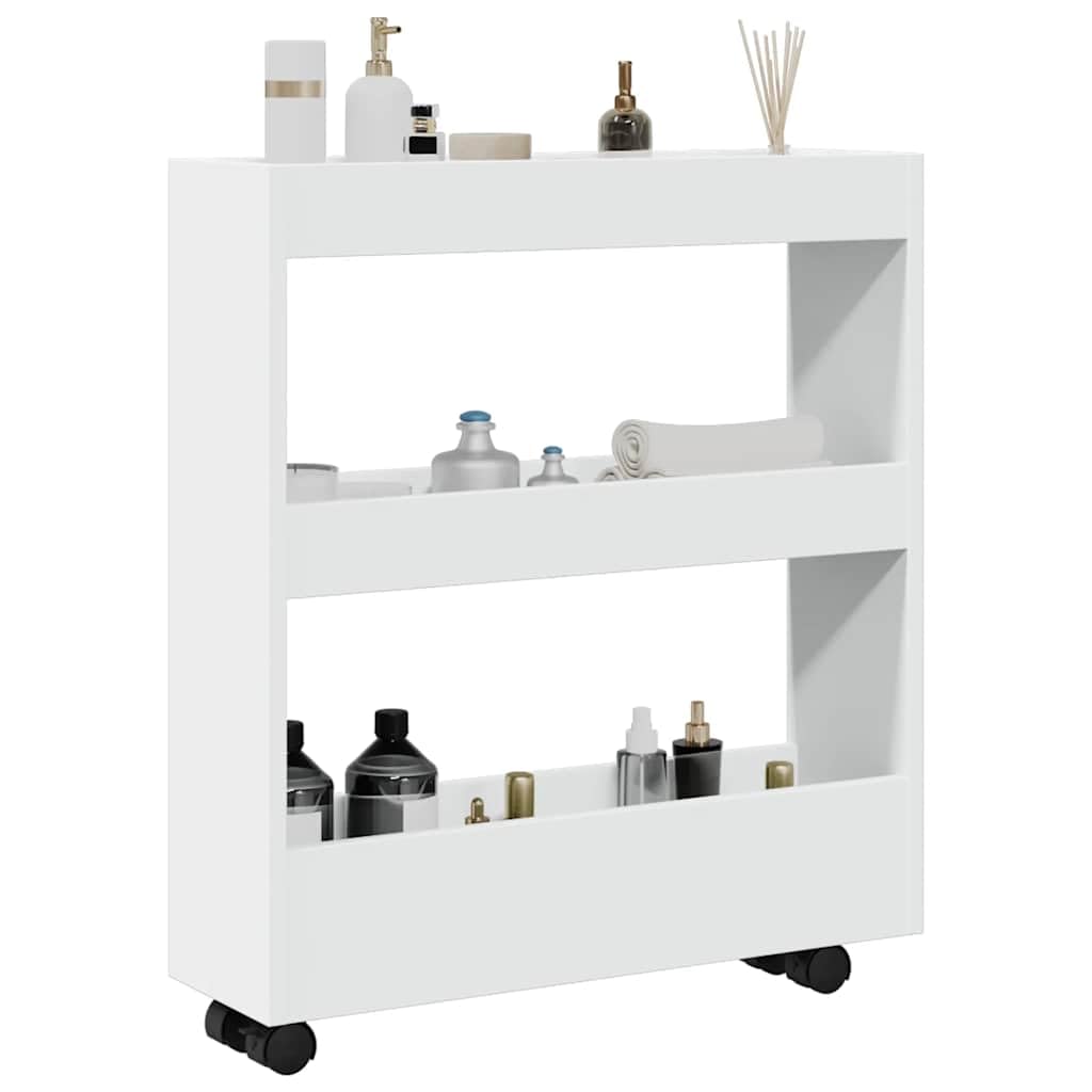 Carrito de almacenamiento estrecho de 3 pisos de madera blanca con 60 cm de ancho, versátil carrito de servicio con ruedas, ideal para cocina, baño y sala de estar, con ruedas estables y gran