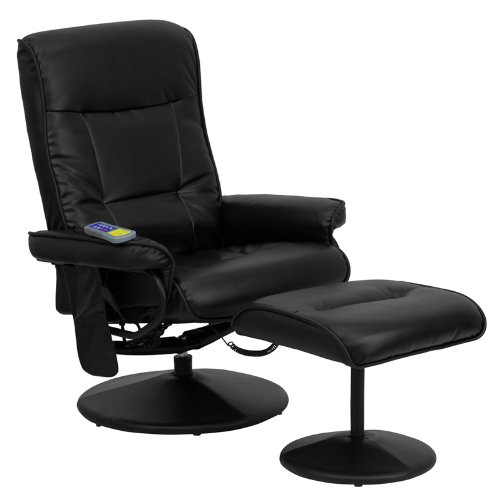 Flash Furniture Massaging Multi-Position Recliner with Side Pocket and Ottoman in Black Leather