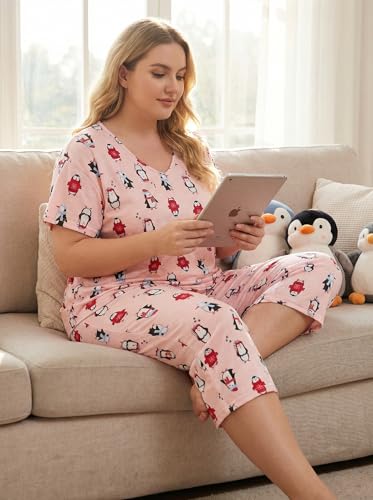 Image of CHUNG Women Cotton Pajama Sets Sleepwear pjs Short Sleeve Shirt Capri Length Crop Pants Cute Vivid Print