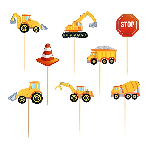 Cyodoos 24Pcs Construction Cupcake Toppers Stop Sign Dump Truck Excavator Tractor Party Cake Food Picks Decorations For Construction Theme Baby Shower Kids Birthday Party Supplies #TOP2