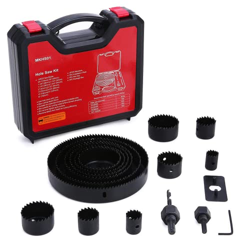 Hole Saw Set Aoresac 17pcs Hole Saw Kit with 13pcs Saw Blades, 2pcs Mandrels, 1pcs Installation Plate, 1pcs Hex Key for Softwood, Plastic Plate, Plasterboard and Thin PVC Board