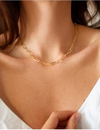 Waitsoul 925 Sterling Silver Paperclip Chain Lobster Clasp 4Mm 18K Gold Over Paperclip Link Curb Chain Necklace For Women Men Diamond Cut 16-30 Inches(16) #TOP3