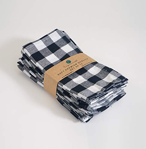 Image of FINGERCRAFT 100% Cotton Cloth Napkins Set of 12 - 20x20 Inch (50x50 cm) Reusable Soft & Absorbent Gingham Check Dinner Table Napkins (Black White Check, Set of 12)