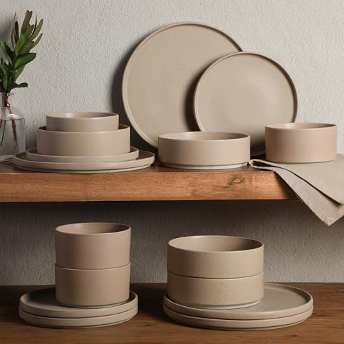 Image of Gibson Elite Tatum Premium Porcelain Matte Reactive Glaze 16-Piece (Service for 4) Plates and Bolws Stackable Dishes Ceramic Dinnerware - Blush Pink /Taupe