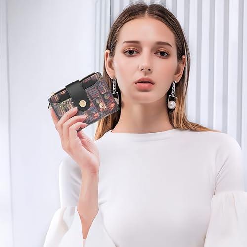 Image of Small Womens Wallet,Bifold Leather Wallet for Women RFID Card Holder Ladies Compact Pocket Wallet for Crossbody Bag (Skull Book)