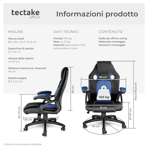 ® Sedia da Ufficio Ergonomica, Sedia Scrivania con Rotazione 360°, Imbottitura Confortevole, Rivestimento Similpelle, Poltrona Gaming con Altezza Regolabile, 5 Rotelle Doppie - Nero/Blu - Sedia gaming - Immagine 2
