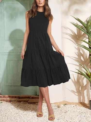 Image of Atizon Womens Summer Sleeveless Dresses with Pockets Smocked Tiered Midi Beach Sundress