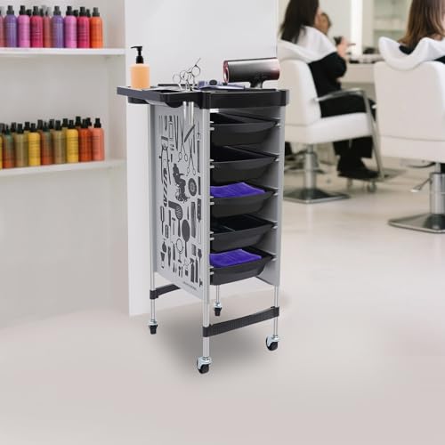 6-poziomowy regulowany wózek do salonu z 5 szufladami, wielofunkcyjny wózek do przechowywania dla stylisty, narzędzi kosmetycznych i spa, szaro-biały lub czarny
