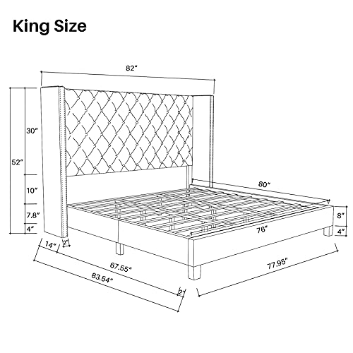 Nathaniel Home Aliyah Velvet Upholstered Platform Bed Deep Button Tufting Frame Bed With Wingback Headboard/Mattress Foundation/Wood Slat Support/No Box Spring Needed/Easy Assembly, Silver, King #TOP2